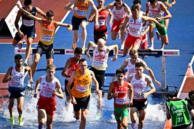 European Athletics Championships Birmingham 2026 - day 4 BIRMINGHAM, ENGLAND - AUGUST 13 : Van De Velde Tim (BEL) , Daru Nicolas-Marie (FRA), Boudy Pierre (FRA) in action during the 3000M Steeplechase Men Round 1 Heat 1 on day 4 of the Birmingham 2026 European Athletics Championships on August 13, 2026 in Birmingham, England, 13 08 2026 Birmingham ENGLAND  Copyright: xTomasxSiskx
