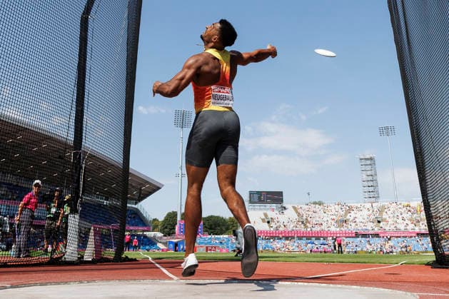 BIRMINGHAM, GREAT BRITAIN - AUGUST 13, 2026: Leo NEUGEBAUER (GER Germany) competing in the discus throw of the decathlon during the European Athletics Championships at Alexander Stadium on August 13, 2026 in Birmingham, Great Britain. Great Britain Copyright: xAxelxKohringx