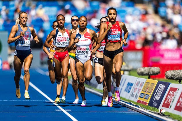 European Athletics Championships; Birmingham, 13.08.2026 BIRMINGHAM, UNITED KINGDOM - AUGUST 13: Audrey Werro (Switzerland) leads after lap one in the semi final of the 800 m ahead of Renelle Lamote (FRA - France), Anais Bourgoin (FRA - France), and Jemma Reekie (GBR - Great Britain) at the European Athletics Championships; Birmingham on August 13, 2026 in Birmingham, United Kingdom. *** European Athletics Championships, Birmingham, August 13, 2026 BIRMINGHAM, UNITED KINGDOM AUGUST 13 Audrey Werro of Switzerland leads after the first lap in the 800-meter semifinal, ahead of Renelle Lamote of France, Anais Bourgoin (FRA, France), and Jemma Reekie (GBR, Great Britain) in the 800-meter semifinal at the European Athletics Championships in Birmingham on August 13, 2026, in Birmingham, United Kingdom Copyright: xBEAUTIFULxSPORTS UlfxSchillerx