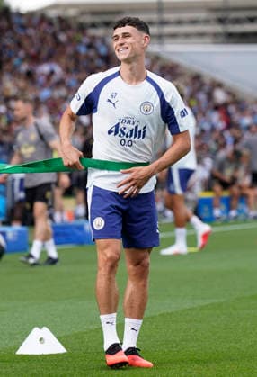 Manchester, England, Phil Foden of Manchester City during a training session at the Joie Stadium, Manchester. Picture date: 13th August 2026. Picture credit should read: Andrew Yates Sportimage EDITORIAL USE ONLY. No use with unauthorised audio, video, data, fixture lists, club league logos or live services. Online in-match use limited to 120 images, no video emulation. No use in betting, games or single club league player publications. SPI_021_Man_City_Training SPI-4902-0023