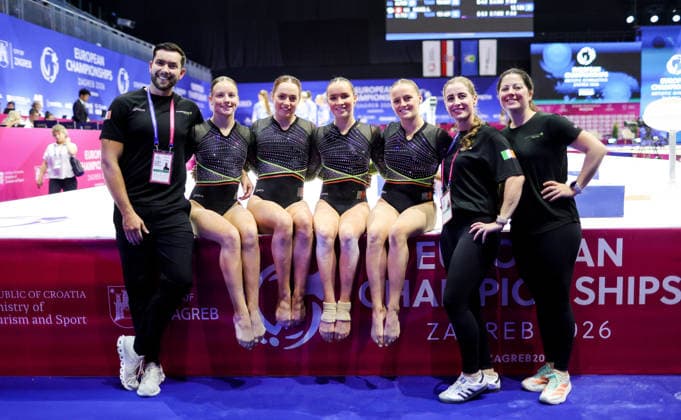 2026 Women s Artistic European Championships, Arena Zagreb, Croatia 13 8 2026 Ireland™s Mimi Moloney, Emma Slevin, Maeve McGuinness and Blathnaid Higgins with their coaches Mimi Moloney, Emma Slevin, Maeve McGuinness and Blathnaid Higgins with their coaches 13 8 2026  Copyright: xInphox GS_02225