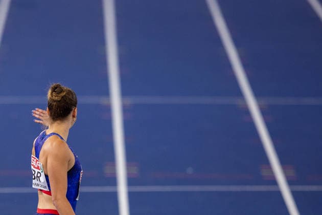 Charlotte Henrich of Great Britain and Northern Ireland waits for the change over of the baton in the Mixed 4x400m relay at the European Athletics Championships at Alexander Stadium in Birmingham, England  Copyright: xSeanxWalshx Sportspressphoto_SPR205546