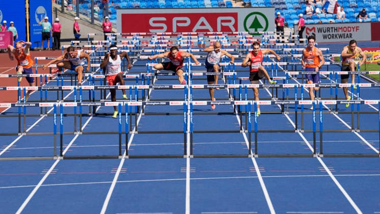 BIRMINGHAM, GREAT BRITAIN - AUGUST 13, 2026 : Heat over 110m hurdles in the decathlon with Nino PORTMANN (SUI Switzerland), Andrin HUBER (SUI Switzerland) and Niklas KAUL (GER Germany) during the European Athletics Championships at Alexander Stadium on August 13, 2026 in Birmingham, Great Britain. Great Britain Copyright: xLeahxKohringx