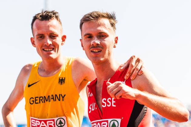 European Athletics Championships; Birmingham, 13.08.2026 BIRMINGHAM, UNITED KINGDOM - AUGUST 13: Aarno Liebl (Switzerland) and Niklas Buchholz (GER - Germany) after the first round of the 3000 m steeple chase on August 13, 2026 in Birmingham, United Kingdom. *** European Athletics Championships, Birmingham, August 13, 2026 BIRMINGHAM, UNITED KINGDOM AUGUST 13 Aarno Liebl of Switzerland and Niklas Buchholz of Germany after the first round of the 3,000-meter steeplechase on August 13, 2026, in Birmingham, United Kingdom Copyright: xBEAUTIFULxSPORTS UlfxSchillerx