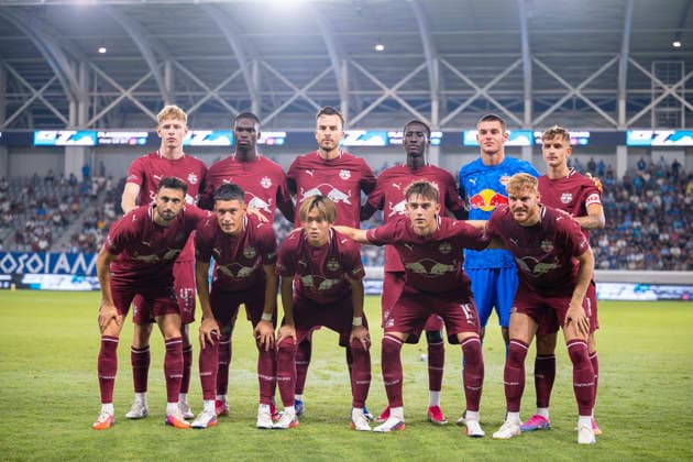 SOCCER - UEFA EL, Pafos vs RBS LIMASSOL,CYPRUS,13.AUG.26 - SOCCER - UEFA Europa League, qualification, Pafos FC vs Red Bull Salzburg. Image shows from left to right in front row: Dominik Schmid, Damir Redzic, Sota Kitano, Bartosz Mazurek, Yorbe Vertessen; in second row: Valentin Zabransky, Kevin Boma, Haris Tabakovic, Abubakr Barry, Christian Zawieschitzky and Nikolas Veratschnig (RBS). Keywords: teamphoto.  GEPAxpictures xXenophonxKarakalo