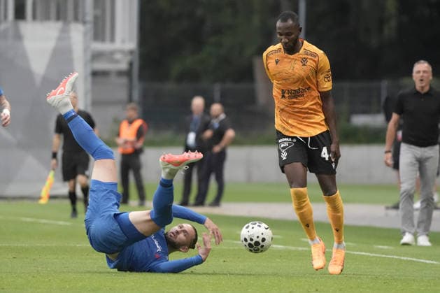 Herdi Prenga of RFS and Lamin Jawo of Jablonec in action during the UEFA Europa Conference League third qualifying round game between Latvia™s FK RFS and Czech Republic Jablonec FC teams in Riga, Latvia 13.08.2026. Riga Latvia Copyright: xRomanxKoksarovx RKV04887.JPG
