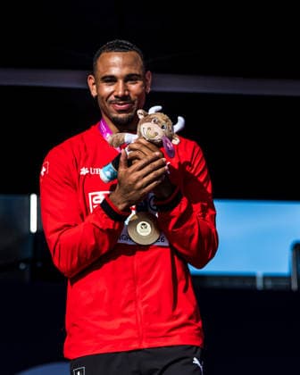 European Athletics Championships; Birmingham, 13.08.2026 BIRMINGHAM, UNITED KINGDOM - AUGUST 13: Jason Joseph (Switzerland) with the gold medal for the 110 m hurdles at the medal ceremony at the European Athletics Championships; Birmingham on August 13, 2026 in Birmingham, United Kingdom. *** European Athletics Championships, Birmingham, August 13, 2026 BIRMINGHAM, UNITED KINGDOM, AUGUST 13—Jason Joseph of Switzerland, holding the gold medal for the 110-meter hurdles, at the medal ceremony during the European Athletics Championships in Birmingham on August 13, 2026, in Birmingham, United Kingdom Copyright: xBEAUTIFULxSPORTS UlfxSchillerx