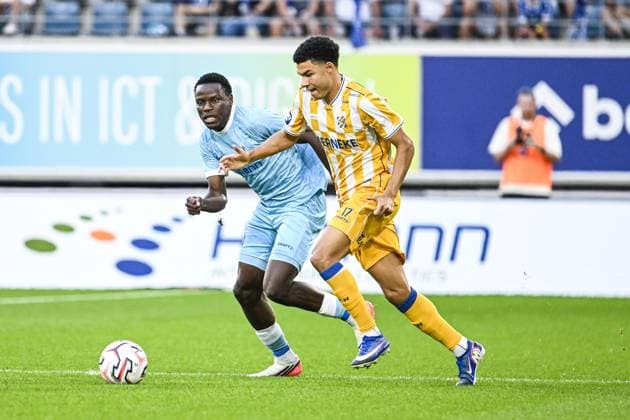 Gent s Hyllarion Goore and IFK Goteborg s Alexander Jallow pictured in action during a game between Belgian KAA Gent and Swedish IFK Goteborg , in Gent, Belgium, on Thursday 13 August 2026, a return leg game in the third qualifying round of the UEFA Conference League competition. Gent won 0-1 the first leg. TOM GOYVAERTS TomxGoyvaerts  x183314752x