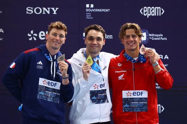 Championnat d Europe de natation PHOTOPQR LE COURRIER PICARD Haslin ; Saint Denis ; 13 08 2026 ; 13 08 26 Championnat d Europe de natation Centre Aquatique Olympique Maxime Grousset - Kristof Milak - Noé Ponti - 100m papillon Photo Fred Haslin -- European Swimming Championships at the Greater Paris Metropolis Olympic Aquatics Centre in Paris Saint Denis 93 France  Copyright: xPHOTOPQR LExCOURRIERxPICARD MAXPxHaslinx 20260813LCP5826 20260813LCP5826