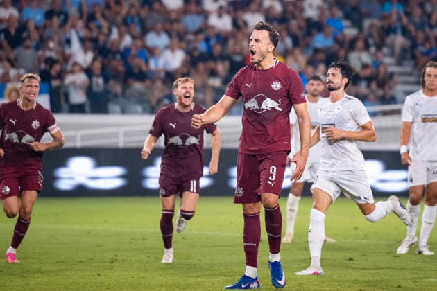 SOCCER - UEFA EL, Pafos vs RBS LIMASSOL,CYPRUS,13.AUG.26 - SOCCER - UEFA Europa League, qualification, Pafos FC vs Red Bull Salzburg. Image shows the rejoicing of Haris Tabakovic (RBS).  GEPAxpictures xXenophonxKarakalos