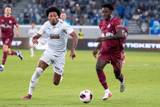 SOCCER - UEFA EL, Pafos vs RBS LIMASSOL,CYPRUS,13.AUG.26 - SOCCER - UEFA Europa League, qualification, Pafos FC vs Red Bull Salzburg. Image shows Bruno (Pafos) and Edmund Baidoo (RBS).  GEPAxpictures xXenophonxKarakalo