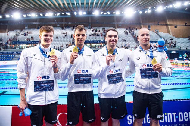 NATATION : Championnat d europe de natation 2026 - PARIS - 13 08 2026 Hubert Kos (HUN) Szebasztian Szabo (HUN) Nandor Nemeth (HUN) Kristof Milak (HUN) Saint DenisFrance  Copyright: xBaptistexAutissierx