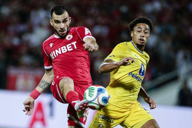 IPA87452822 - CSKA s Ioannis Pitas in action against Maccabi s Tyrese Asante during the Europa League qualifying match between PFC CSKA and Maccabi Tel Aviv FC at Vasil Levski National Stadium in Sofia, Bulgaria, on August 13, 2026  Copyright: xIvanxSxIvanov IPAxSportx xx 87452822