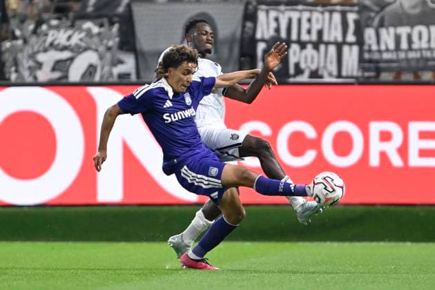 RSC Anderlecht v PAOK - UEFA Europa League ANDERLECHT, BELGIUM - AUGUST 13 : Rahman Baba Abdul of PAOK FC and Maamar Ali defender of RSC Anderlecht during the UEFA Europa League 2026 27 third qualifying round between RSC Anderlecht and PAOK on August 13, 2026 in Anderlecht, Belgium, 13 08 2026 Anderlecht Belgium  Copyright: xDhax