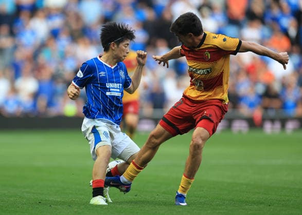 Rangers v Jagiellonia BiaÅ‚ystok UEFA Europa League Daisuke Yokota of Rangers cuts inside Guilherme Montoia of Jagiellonia BiaÅ‚ystok (right) during the UEFA Europa League Third Qualifying Round Second Leg match at Ibrox Stadium, Glasgow 13 08 2026 UK Newspapers OUT Copyright: xFredxPalmerx FIL-23767-0055