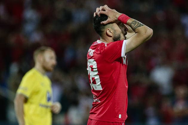 IPA87453957 - CSKA s Ioannis Pitas reacts after missing a chance during the Europa League qualifying match between PFC CSKA and Maccabi Tel Aviv FC at Vasil Levski National Stadium in Sofia, Bulgaria, on August 13, 2026  Copyright: xIvanxSxIvanov IPAxSportx xx 87453957
