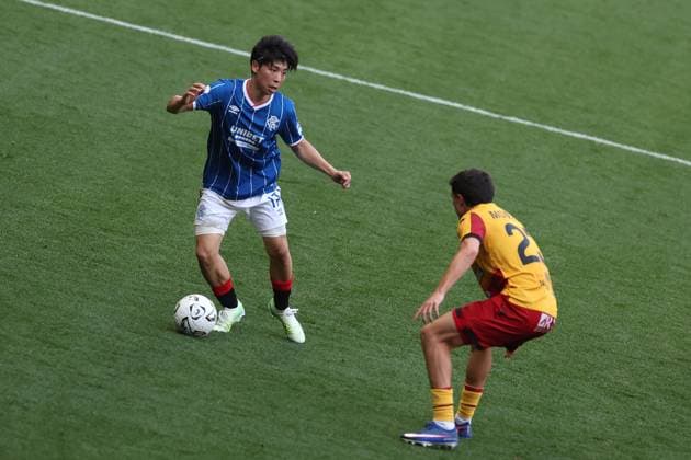 Daisuke Yokota of Rangers on the ball during the Europa League qualifying match at Ibrox Stadium, Glasgow. Rangers v Jagiellonia Bialystok - UEFA Europa League 3rd Round Qualifying - Ibrox Stadium, Glasgow, Lanarkshire, Scotland, UK - 13 Aug 2026Glasgow Ibrox Lanarkshire United Kingdom EDITORIAL USE ONLY  Copyright: xO Rourke RangersxFC Shutterstockx 17070075m