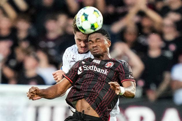 UEFA Europa Conference League Third Qualifying Round Second Leg, MCH Arena, Denmark 13 8 2026 FC Midtjylland vs Bohemians Bohemians™ Patrick Hickey battles with Midtjylland™s Friday Etim for a header Patrick Hickey battles with Friday Etim for a header 13 8 2026  Copyright: xx 20260813-213321-L-2