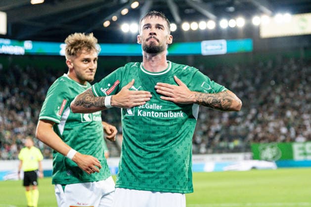 Fussball, UEFA Conference League Qualifikation: FC St. Gallen 1879 vs. FC Sheriff Tiraspol - Donnerstag, 13.08.2026 (Berit Sitterstadion, St. Gallen, Schweiz); Mihailo Stevanovic (64, FC St. Gallen) jubelt zum 5:1, Tor, Torjubel *** Soccer, UEFA Conference League Qualifying Round: FC St. Gallen 1879 vs. FC Sheriff Tiraspol, Thursday, August 13, 2026, Berit Sitter Stadium, St. Gallen, Switzerland, Mihailo Stevanovic 64, FC St. Gallen celebrates a 5–1 lead; goal; goal celebration Copyright: xValentinxDomgjonix