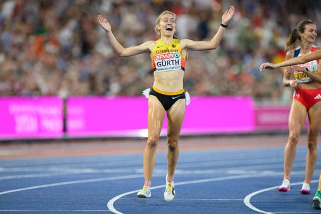 BIRMINGHAM, GREAT BRITAIN - August 13: Olivia Gürth (Germany) in disbelief after finishing third in the 3000 metres steeplechase final during the European Athletics Championships 2026 at Alexander Stadium in Birmingham, Great Britain (Photo by Sven Beyrich Sports Press Photo)  Copyright: xSvenxBeyrich SportsxPressxPhotox Sportspressphoto_SPR205577