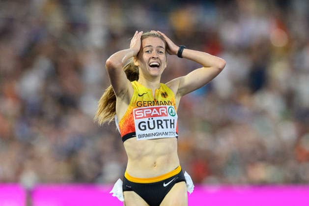 BIRMINGHAM, GREAT BRITAIN - August 13: Olivia Gürth (Germany) in disbelief after finishing third in the 3000 metres steeplechase final during the European Athletics Championships 2026 at Alexander Stadium in Birmingham, Great Britain (Photo by Sven Beyrich Sports Press Photo)  Copyright: xSvenxBeyrich SportsxPressxPhotox Sportspressphoto_SPR205578