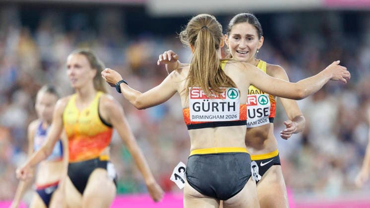 BIRMINGHAM, GREAT BRITAIN - AUGUST 13, 2026: Gesa Felicitas KRAUSE (GER Germany) wins Gold in the 3000m steeple chase, Olivia GÜRTH (GER Germany) Bronze, in the left Lea MEYER (GER Germany) during the European Athletics Championships at Alexander Stadium on August 13, 2026 in Birmingham, Great Britain. Great Britain Copyright: xAxelxKohringx