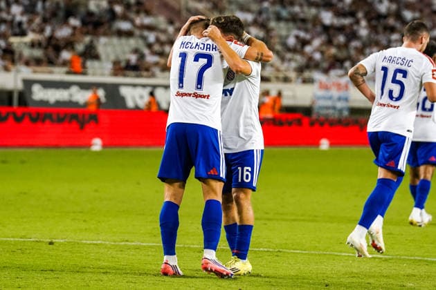 Fussball: Kroatien: UEFA Conference League Qualifikation 2026 2027 - 3. Runde, 13.08.2026 - HNK Hajduk Split (Kroatien) vs. FK Zalgiris Vilnius (Litauen) - Stadion Poljud (Split, Kroatien); Dario Melnjak (Hajduk Split) und Andelo Sutalo (Hajduk Split) bejubeln das Tor zum 1-0 *** Soccer Croatia UEFA Conference League Qualifiers 2026–2027, Round 3, August 13, 2026, HNK Hajduk Split (Croatia) vs. FK Žalgiris Vilnius (Lithuania), Poljud Stadium, Split, Croatia. Dario Melnjak (Hajduk Split) and Andelo Sutalo (Hajduk Split) celebrate the 1–0 goal. Copyright: xLUKAxKOLANOVICx