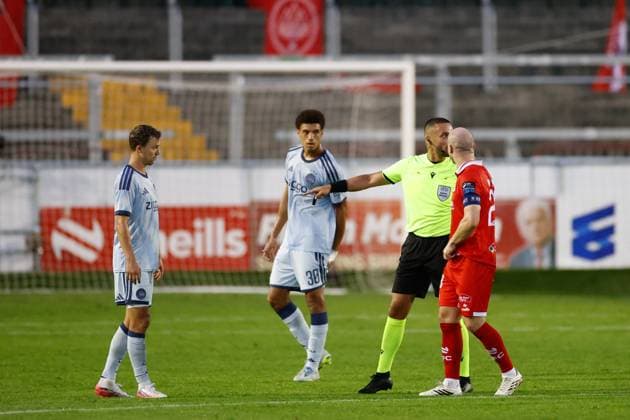 DUBLIN , 13-08-2026, Tolka Park Stadium , season 2026 2027 , UEFA Conference League play-off football . Match between Shelbourne FC and Ajax, Picture shows 2-2 disallowed by Referee Claudio Pereira after offside Shelbourne - Ajax  x205683876x Copyright: