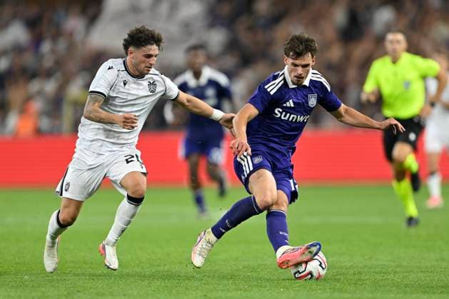 RSC Anderlecht v PAOK - UEFA Europa League ANDERLECHT, BELGIUM - AUGUST 13 : Rahman Baba Abdul of PAOK FC and Ambros Lukas midfielder of RSC Anderlecht during the UEFA Europa League 2026 27 third qualifying round between RSC Anderlecht and PAOK on August 13, 2026 in Anderlecht, Belgium, 13 08 2026 Anderlecht Belgium  Copyright: xDhax
