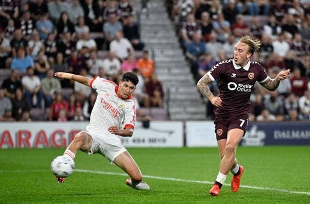 Calvin Miller of Hearts thought that he had given his side the lead before VAR intervened Heart of Midlothian v Benfica, UEFA Europa League, 3rd Qualifying Round, Second Leg, Football, Tynecastle Park, Edinburgh, Scotland, UK - 13 Aug 2026Edinburgh Tynecastle Park United Kingdom  Copyright: xNeilxHanna Shutterstockx 17069356ay