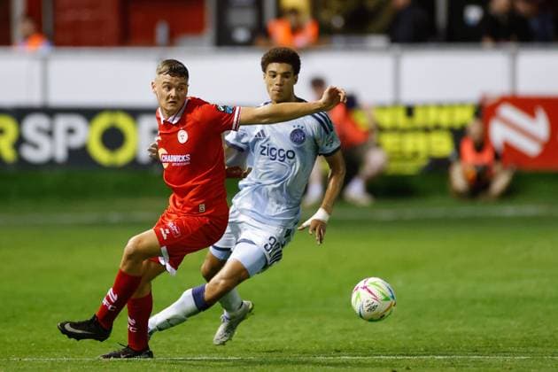 DUBLIN , 13-08-2026, Tolka Park Stadium , season 2026 2027 , UEFA Conference League play-off football . Match between Shelbourne FC and Ajax, Picture shows Ajax player Aaron Bouwman Shelbourne - Ajax  x205684345x Copyright: