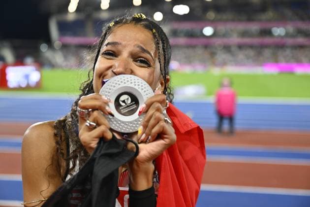 Belgian Saliyya Guisse pictured with her silver medal after the final of the women s triple jump event on the fourth day of the European Athletics Championships (August 10-18) in Birmingham, United Kingdom, on Thursday 13 August 2026. ERICxLALMAND  x183323278x