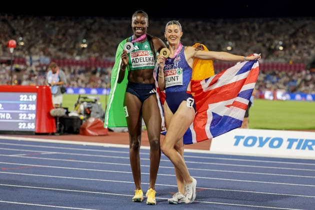 2026 European Athletics Championships, Alexander Stadium, Birmingham, England 13 8 2026 Women™s 200m Final Ireland™s Rhasidat Adeleke celebrates after the race with Great Britain™s Amy Hunt Rhasidat Adeleke celebrates with her silver medal 13 8 2026  Copyright: xx 0S9A3171