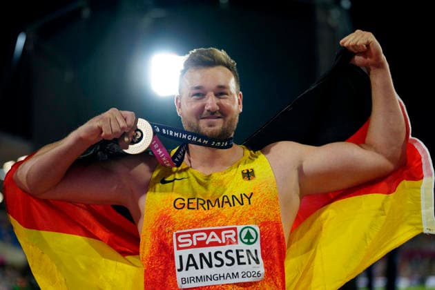 BIRMINGHAM, GREAT BRITAIN - AUGUST 13, 2026 : Bronze for Henrik JANSSEN (GER Germany) in the discus throw during the European Athletics Championships at Alexander Stadium on August 13, 2026 in Birmingham, Great Britain. Great Britain Copyright: xLeahxKohringx