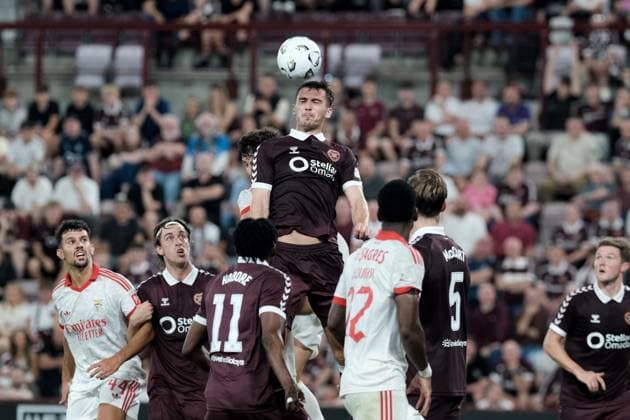 UK: Heart of Midlothian v Benfica, Europa League Qualifying Round 3 at Tynecastle Park , Edinburgh, Scotland on 13 August 2026: Pictured: Oisin McEntee (Hearts) wins a header Edinburgh Tynecastle Park Scotland Copyright: xAlexxToddx