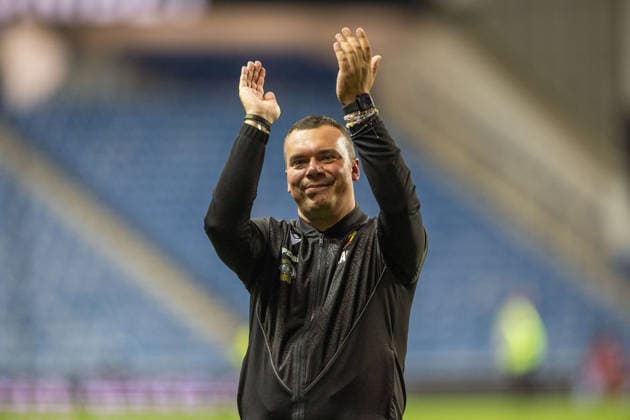RECORD DATE NOT STATED 12th August 2026; Ibrox Stadium, Glasgow, Scotland; UEFA Europa League Qualifier Football, Rangers versus Jagiellonia Bialystok; Jagiellonia Bialystok manager Adrian Siemieniec applauds the fans VagelisxGeorgariou