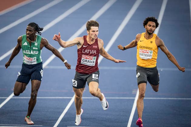 RECORD DATE NOT STATED 13th August 2026; Alexander Stadium, Birmingham, Midlands, England; 2026 European Athletics Championships, Day Four; Oskars Grava (LAT) wins his semi final in the mens 200m GodfreyxPitt