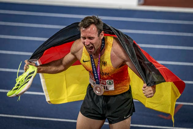 RECORD DATE NOT STATED 13th August 2026; Alexander Stadium, Birmingham, Midlands, England; 2026 European Athletics Championships, Day Four; Niklas Kaul (GER) celebrates winning silver in the mens decathlon GodfreyxPitt
