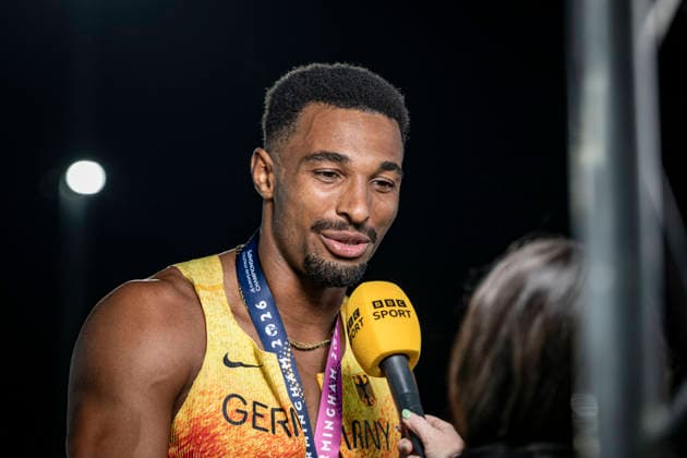 RECORD DATE NOT STATED 13th August 2026; Alexander Stadium, Birmingham, Midlands, England; 2026 European Athletics Championships, Day Four; Leo Neugebauer (GER) is interviewed by BBC after winning the mens decathlon GodfreyxPitt