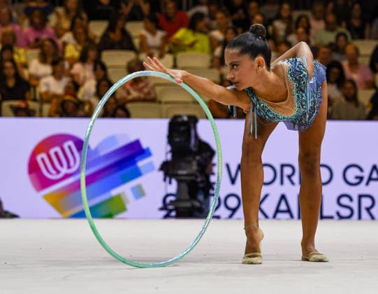 August 13, 2026, Frankfurt, Hesse, Germany: San Marino gymnast EVA BOMBAGIONI competes in the 42nd Rhythmic gymnastics, Rhythmische Sportgymnastik, RSG World Championships qualifiers in the Festhalle in Frankfurt, Hesse, Germany on Thursday, August 13, 2026. 2026 Rhythmic Gymnastics World Championships Qualifying  - ZUMAd168 20260813_zsp_d168_097 Copyright: xKaixDambachx