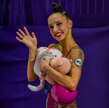 August 13, 2026, Frankfurt, Hesse, Germany: Gymnast MARIIA BORISOVA receives stuffed animals after competing in the 42nd Rhythmic gymnastics, Rhythmische Sportgymnastik, RSG World Championships qualifiers in the Festhalle in Frankfurt, Hesse, Germany on Thursday, August 13, 2026. 2026 Rhythmic Gymnastics World Championships Qualifying  - ZUMAd168 20260813_zsp_d168_112 Copyright: xKaixDambachx