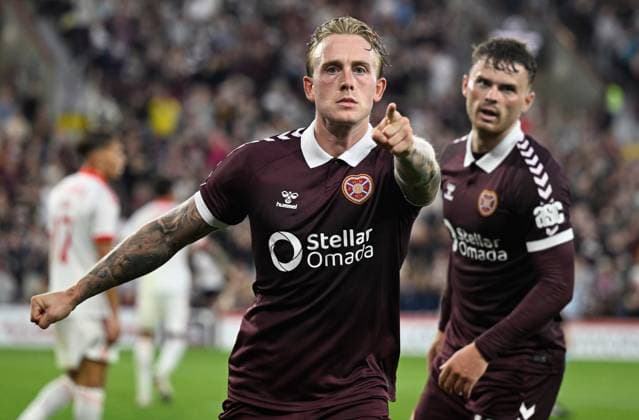 Calvin Miller of Hearts thought that he had given his side the lead before VAR intervened Heart of Midlothian v Benfica, UEFA Europa League, 3rd Qualifying Round, Second Leg, Football, Tynecastle Park, Edinburgh, Scotland, UK - 13 Aug 2026Edinburgh Tynecastle Park United Kingdom  Copyright: xNeilxHanna Shutterstockx 17069356dg
