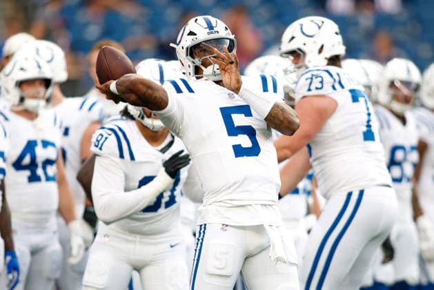 August 13, 2026; Foxborough, Massachusetts, USA; Indianapolis Colts quarterback Anthony Richardson Sr. (5) throws a pass ahead of an NFL, American Football Herren, USA preseason game against the New England Patriots at Gillette Stadium. (c) CSM - ZUMAc04_ 20260813_zma_c04_006 Copyright: xBurtxGranofskyx