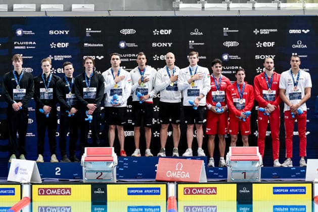 Neutral Athletes B, silver, Athletes of team Hungary, gold, Athletes of team Croatia, bronze attend the medal ceremony of the swimming 4x100m Freestyle Relay Men Final during the European Aquatics Championships at the Olympic Aquatic Center in Paris (France), August 13, 2026. Giorgio Scala DBM - Deepbluemedia Insidefoto