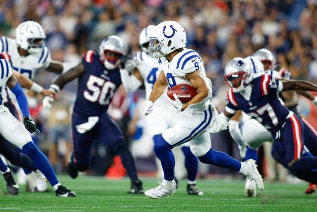 August 13, 2026; Foxborough, Massachusetts, USA; Indianapolis Colts wide receiver Coleman Owen (9) returns the ball during an NFL, American Football Herren, USA preseason game against the New England Patriots at Gillette Stadium. (c) CSM NFL 2026: Colts Vs Patriots AUG 13  - ZUMAc04_ 20260813_zma_c04_025 Copyright: xBurtxGranofskyx