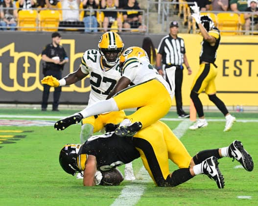 Pittsburgh Steelers tight end Robert Tonyan (83) knee hits the ground inside the one yard line after a 23 yard reception in the second quarter against the Green Bay Packers at Acrisure Stadium on Thursday, August 13, 2026 in Pittsburgh.  PIT2026081313 ARCHIExCARPENTER