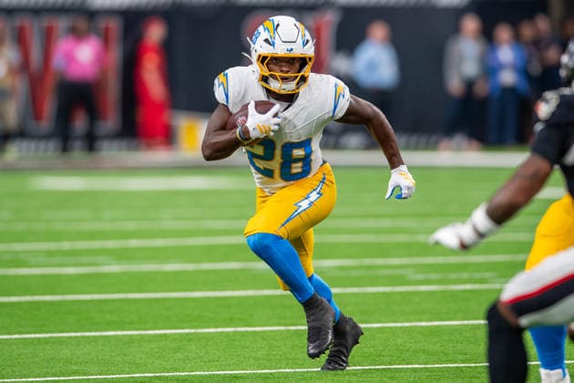 August 13, 2026: Los Angeles Chargers running back Kimani Vidal (28) carries the ball during a preseason game between the Los Angeles Chargers and the Houston Texans in Houston, TX. .. CSM USA - ZUMAc04_ 20260813_faf_c04_010 Copyright: xTraskxSmithx
