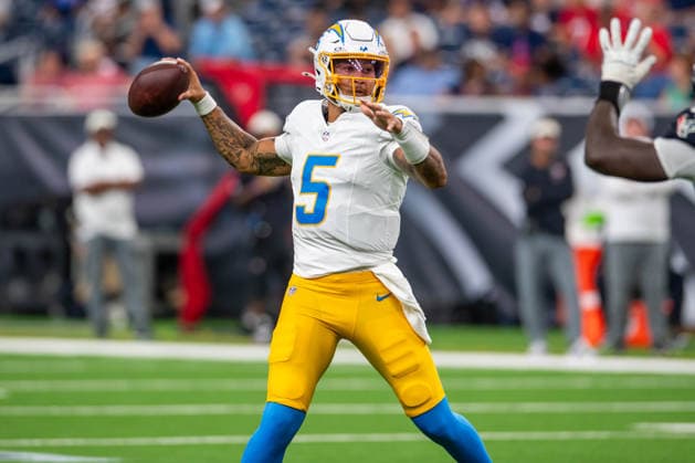 August 13, 2026: Los Angeles Chargers quarterback Trey Lance (5) throws a pass during a preseason game between the Los Angeles Chargers and the Houston Texans in Houston, TX. .. CSM USA - ZUMAc04_ 20260813_faf_c04_032 Copyright: xTraskxSmithx