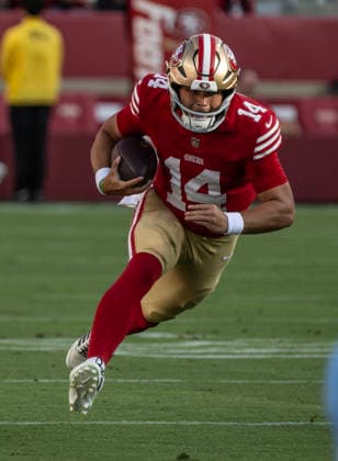 San Francisco 49ers quarterback Kurtis Rourke (14) scrambles against the Tennessee Titans in the first quarter of preseason play at Levi s Stadium in Santa Clara, California on Thursday, August 13,, 2026.  SXP2026081306 TERRYxSCHMITT