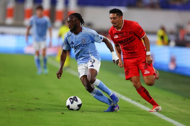 HARRISON, NJ - AUGUST 13: Benie Traore 9 of the New York City Football Club battles Ricardo Monreal 30 of Necaxa during the first half of the Leagues Cup match on August 13, 2026 at Sports Illustrated Stadium in Harrison, New Jersey. (Photo by Rich Graessle Icon Sportswire) SOCCER: AUG 14 Leagues Cup Necaxa vs New York City EDITORIAL USE ONLY Icon26081330464